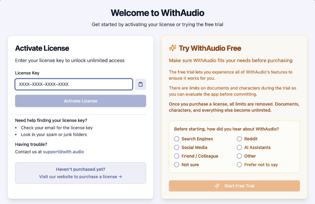 Welcome to WithAudio: activate your license or start the free trial