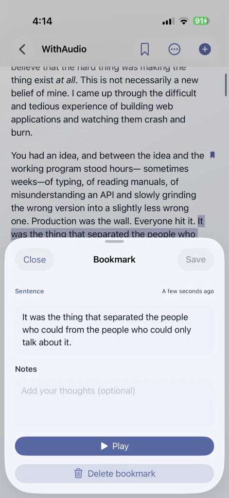 Sentence bookmark with optional notes and playback