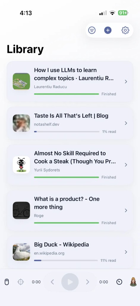 WithAudio Library on iPhone, with reading progress on imported articles