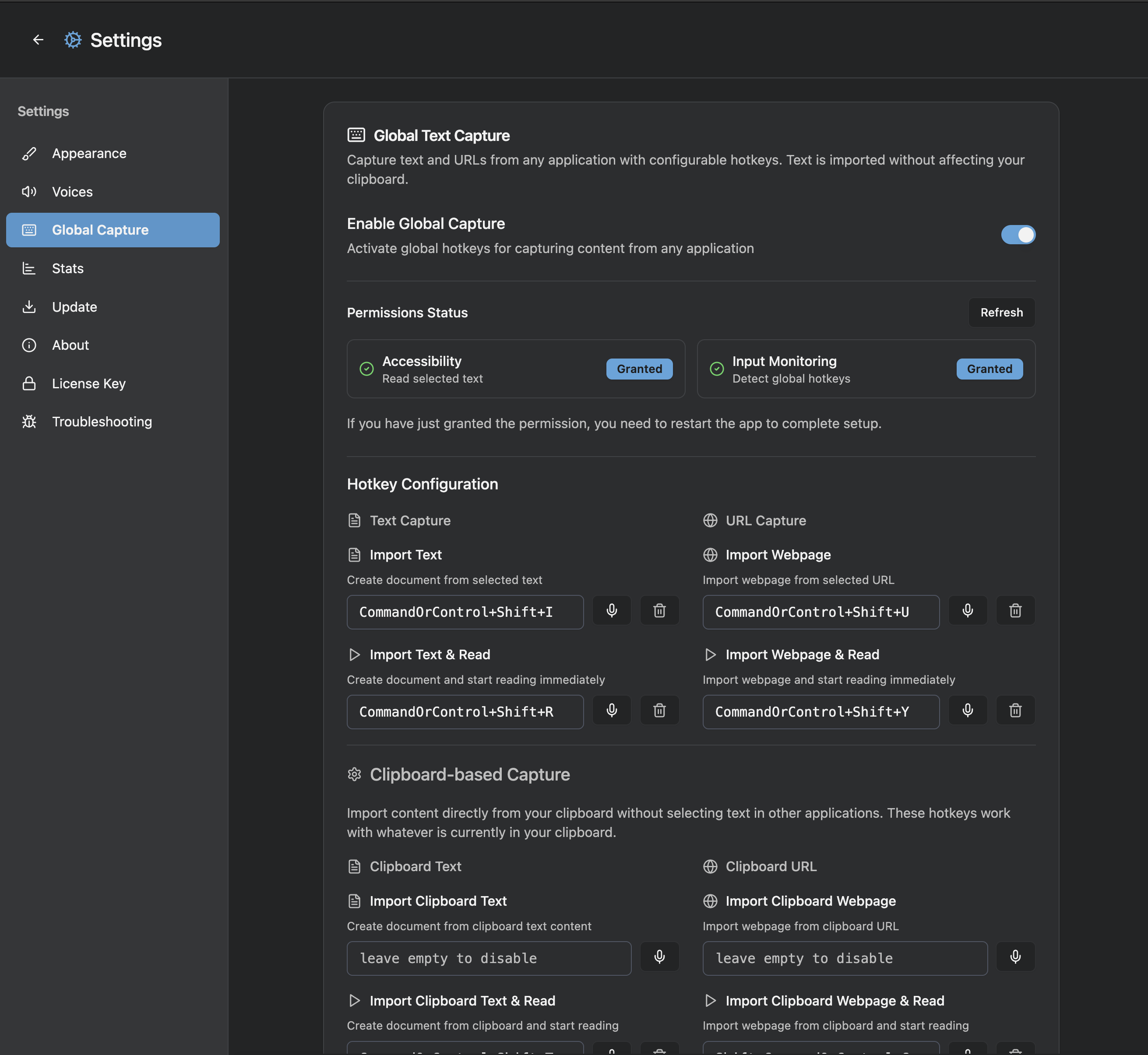 Global capture functionality with keyboard shortcuts for seamless content importing