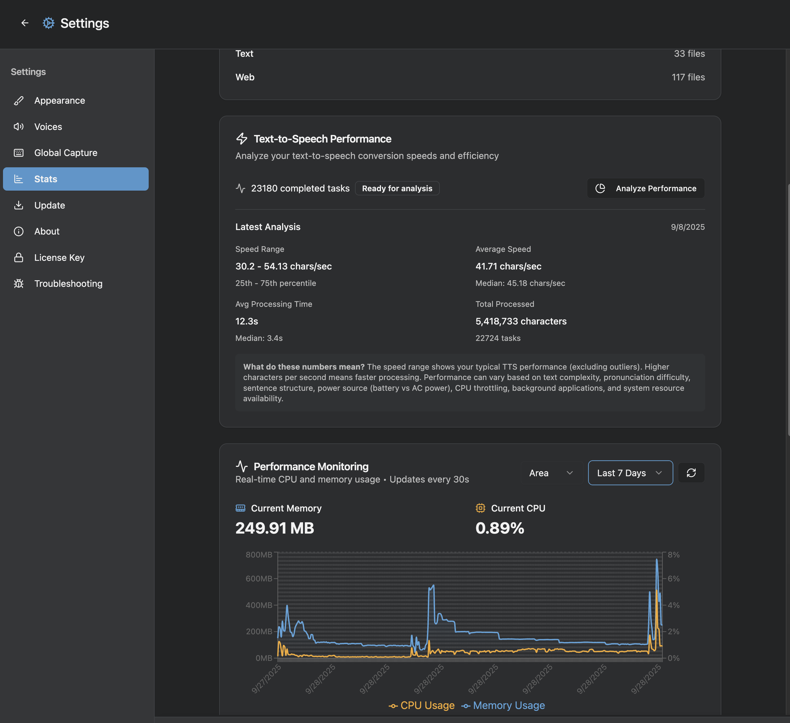 Performance statistics showing resource usage and processing metrics