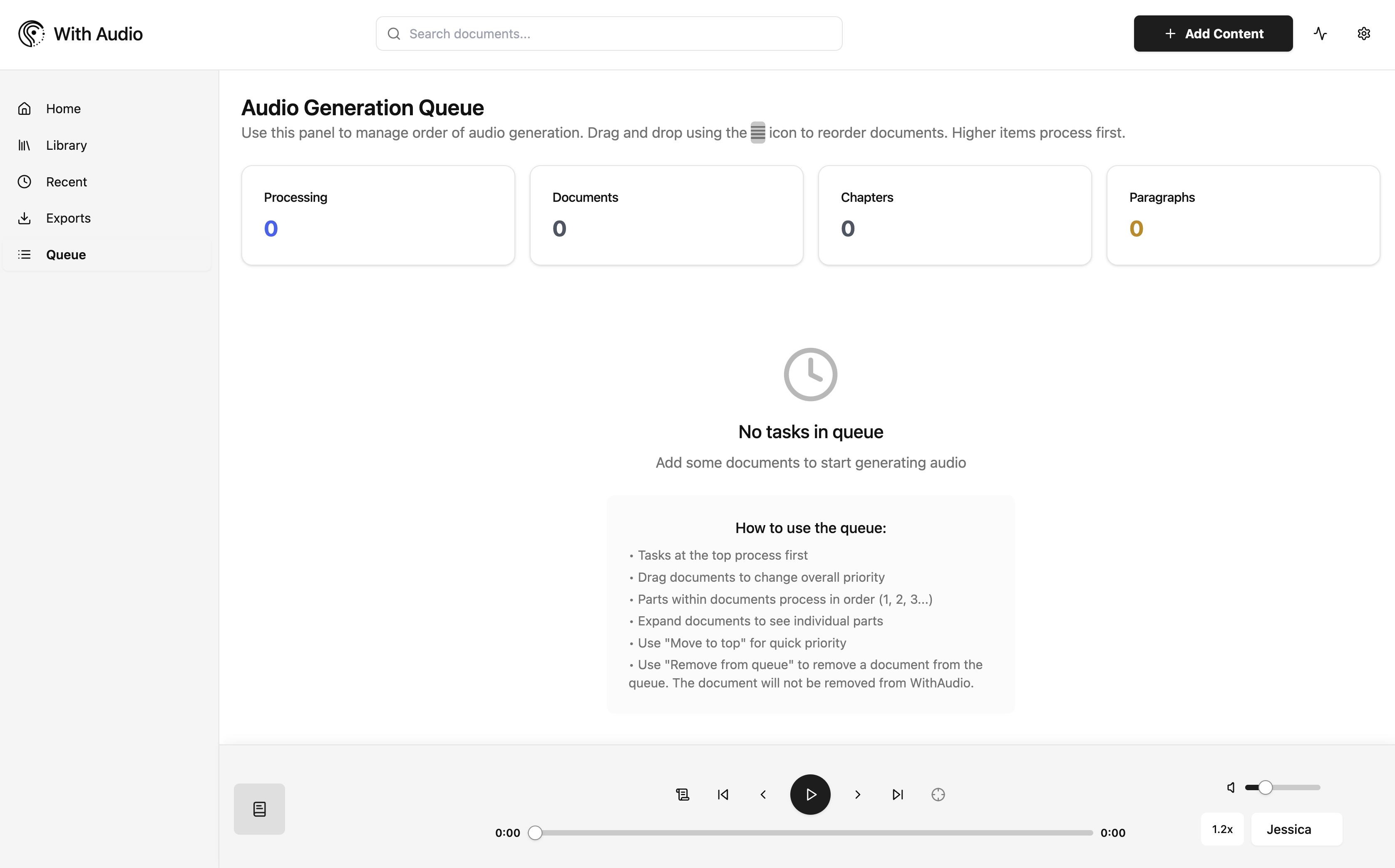 Audio queue management with precise control over processing